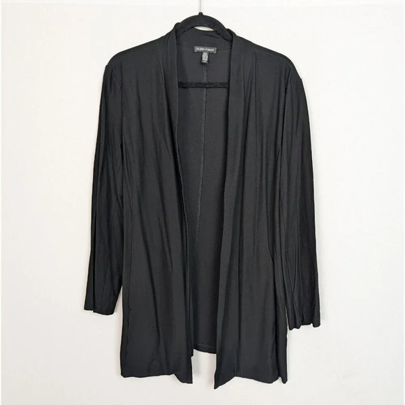 Eileen Fisher L Open Front Cardigan Black Flowy Jersey Stretch Classic Nuetral - Picture 2 of 14